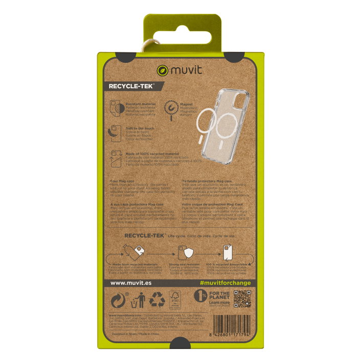 Funda Muvit Recycletek Magsafe con Soporte para iPhone 15, Material Reciclado y Reciclable