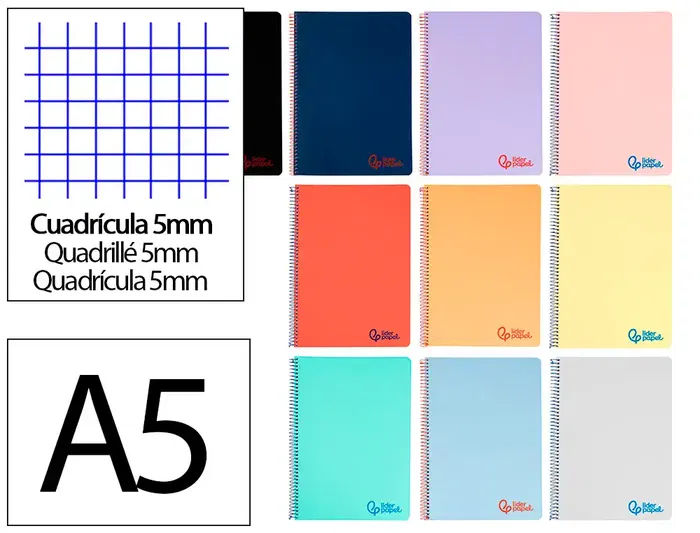 Liderpapel Cuaderno espiral A5 Wonder, Tapa plástico, 80 hojas, 90gr, Cuadro 5mm, Colores Surtidos Liderpapel Cuaderno espiral A5 Wonder, Tapa plástico, 80 hojas, 90gr, Cuadro 5mm, Colores Surtidos