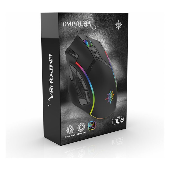 INCA Gaming Ratón para Juegos IMG-351 Ergonómico para Diestros, 12800 DPI, 12 Botones Programables, Iluminación RGB, Cable USB 1.8m, Negro