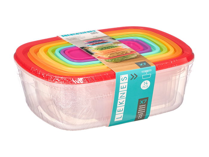 Leknes Set 7 Fiambreras Plástico Rectangular Multicolor 27 cm x 20 cm x 10 cm (Set de 12)