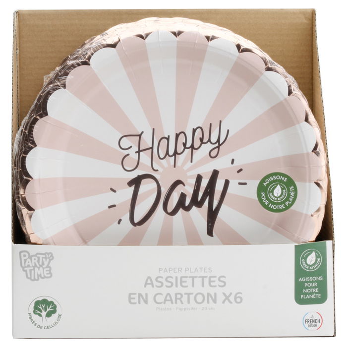 Party Time Juego de 6 Platos de Papel para Fiesta, Diámetro 23 cm, Modelos Happy Day (Rosa) y Happy Moments (Azul)
