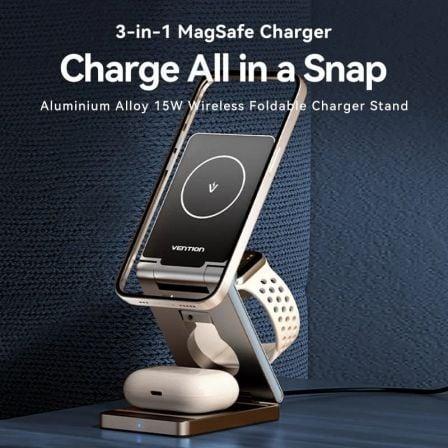 Vention Soporte Cargador Inalámbrico MagSafe 3 en 1 Plegable 15W para iPhone, iWatch y AirPods con Imanes N52 - FGFH0 - Plateado