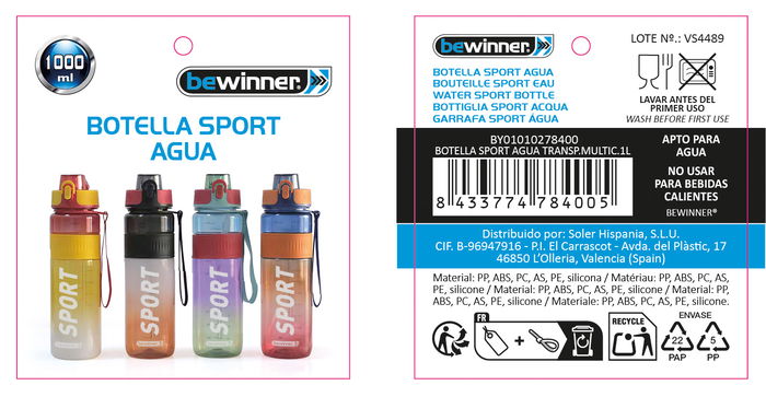 Bewinner Botella Sport Agua Transparente Multiusos 1L 7.8 cm x 28 cm x 7.8 cm (12 Unidades)