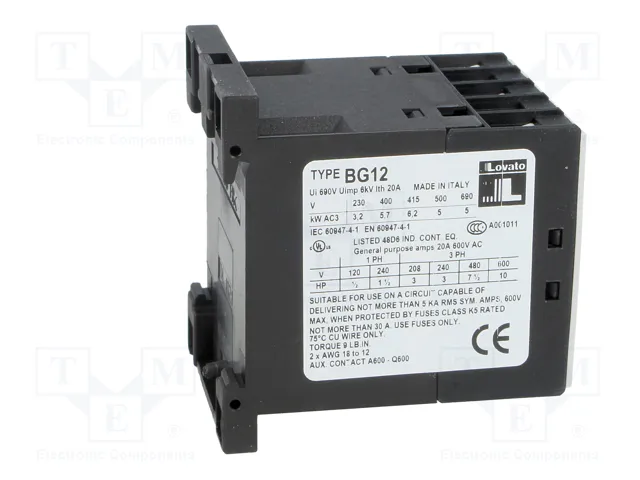 LOVATO ELECTRIC Contactor BG 3-polar 12A 230VAC