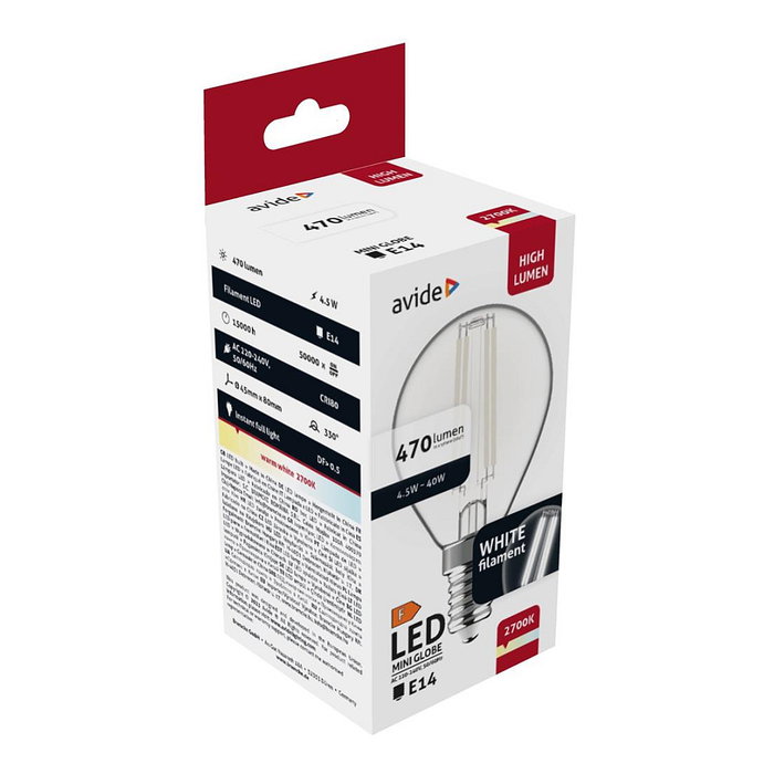 Avide Bombilla LED White Filament Mini Globe 4,5W E14 Blanco cálido