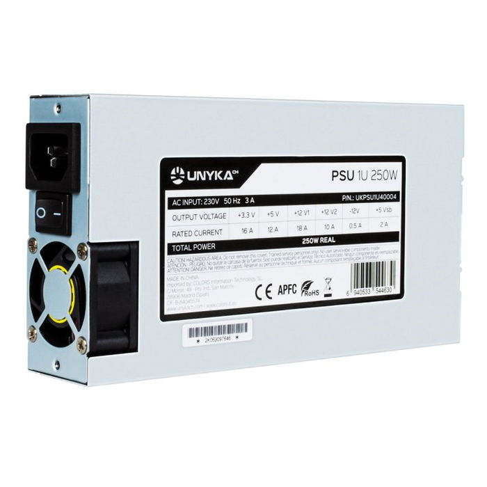 UNYKAch Fuente de Alimentación Flex ATX 1U 250W APFC para Servidor y Rack 19", 100-230V, Conectores ATX 20+4, EPS, SATA, Protecciones OVP/OCP/SCP
