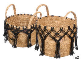 Giftdecor Set 2 Maceteros Macramé Trenzado Negro, Algodón y Esparto, 30x28x30 cm (Set de 4)