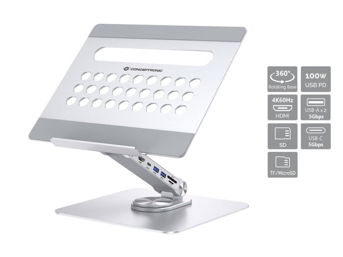Conceptronic DONN27G Soporte para portátil con docking 7 en 1, Plata
