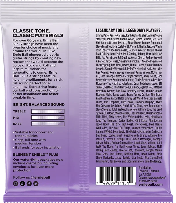 Ernie Ball Juego de Cuerdas para Ukelele Concert / Tenor - Negro Ernie Ball Juego de Cuerdas para Ukelele Concert / Tenor - Negro