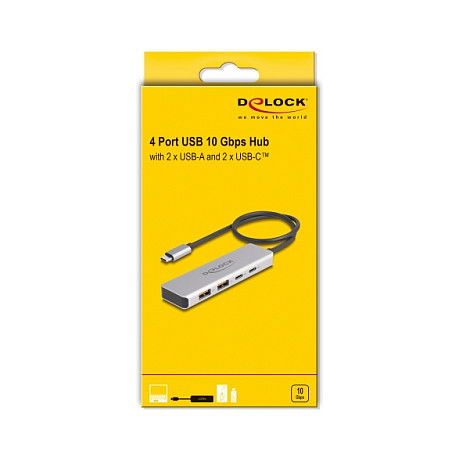 DeLOCK Hub USB-C 4 Puertos 10 Gbps, 2x USB-A y 2x USB-C 3.2 Gen 2, Aluminio Gris, Cable 35 cm (Plug & Play, Windows/Mac/Linux)