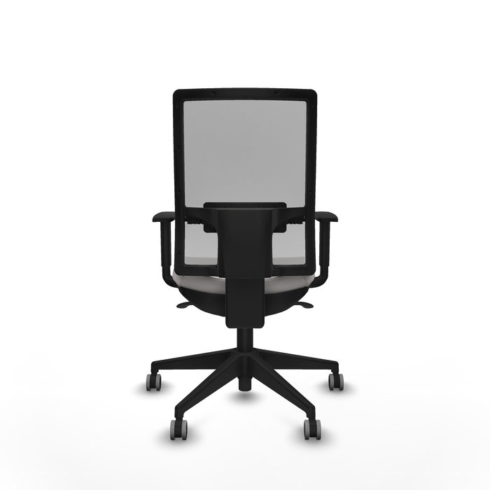 Silla de oficina Horna con mecanismo Sincro tapizada con Similpiel color Blanco y malla color Gris. Equipada con lumbar 1D, Brazos 1D y Ruedas 65 mm parqué