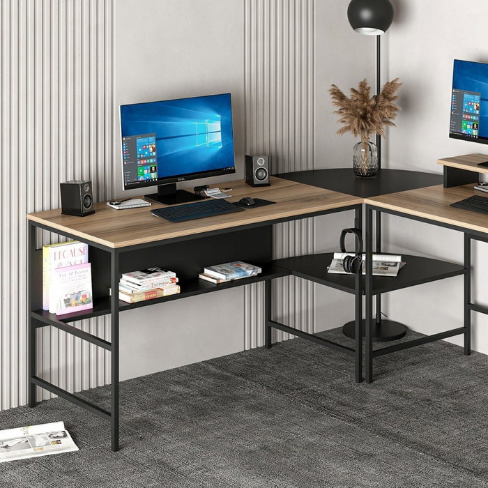 Hanah Home Greta L Matte - Mesa de Estudio Negra, Tablero 180cm, Elegante Diseño Dorado y Negro, Duradera y Espaciosa