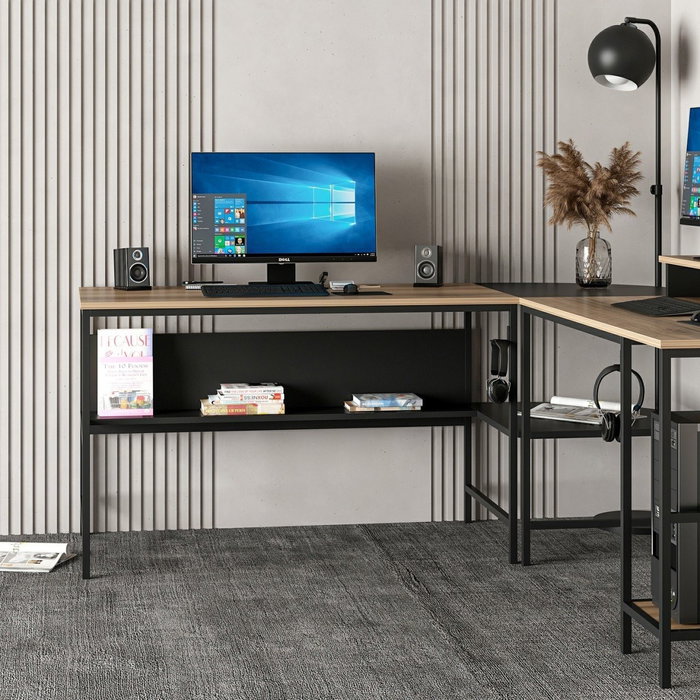 Hanah Home Greta L Matte - Mesa de Estudio Negra, Tablero 180cm, Elegante Diseño Dorado y Negro, Duradera y Espaciosa