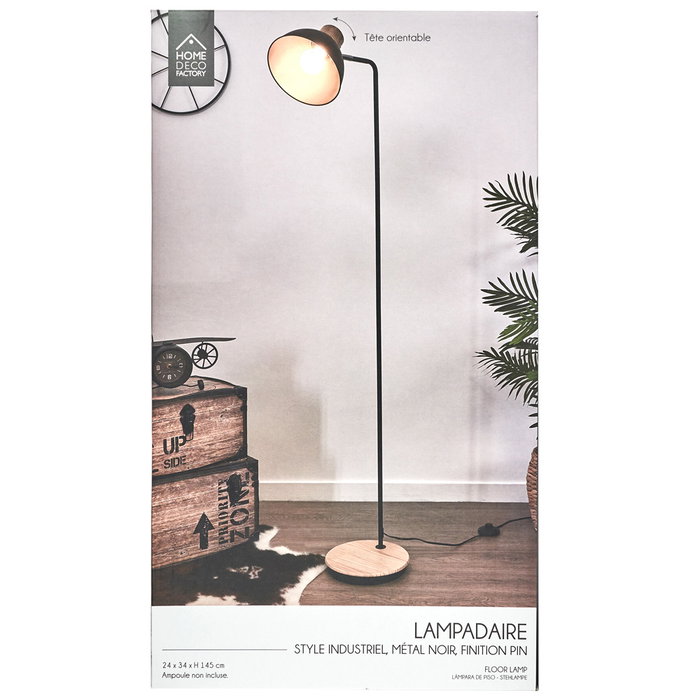 Home Deco Factory Lámpara de Pie Essentiel Metal Negro con Detalles de Madera Pantalla Orientable 145 cm Bombilla E27 no Incluida