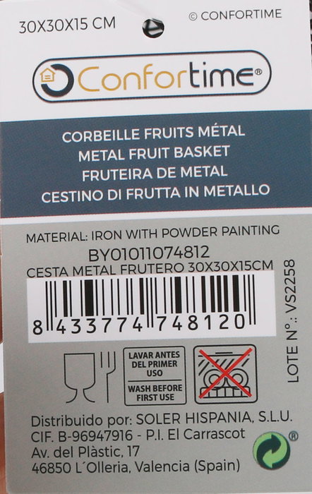 Confortime Cesta Metal Frutero 30 x 30 x 15 cm (6 Unidades)