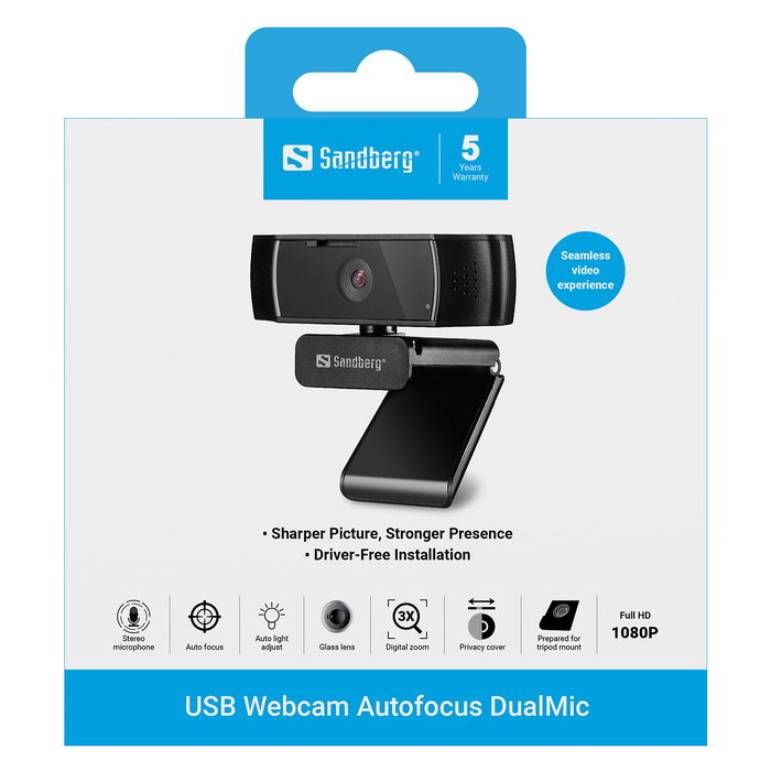 SANDBERG Webcam USB 134-38 Full HD 1080p 30fps Autoenfoque, 70 Grados, Doble Micrófono Omnidireccional, Tapa Privacidad, Soporte Clip, 2m Cable, Negro