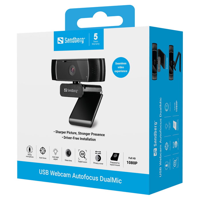 SANDBERG Webcam USB 134-38 Full HD 1080p 30fps Autoenfoque, 70 Grados, Doble Micrófono Omnidireccional, Tapa Privacidad, Soporte Clip, 2m Cable, Negro