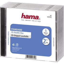 Hama Pack de 5 Estuches Dobles Estándar para CD, Transparente/Negro