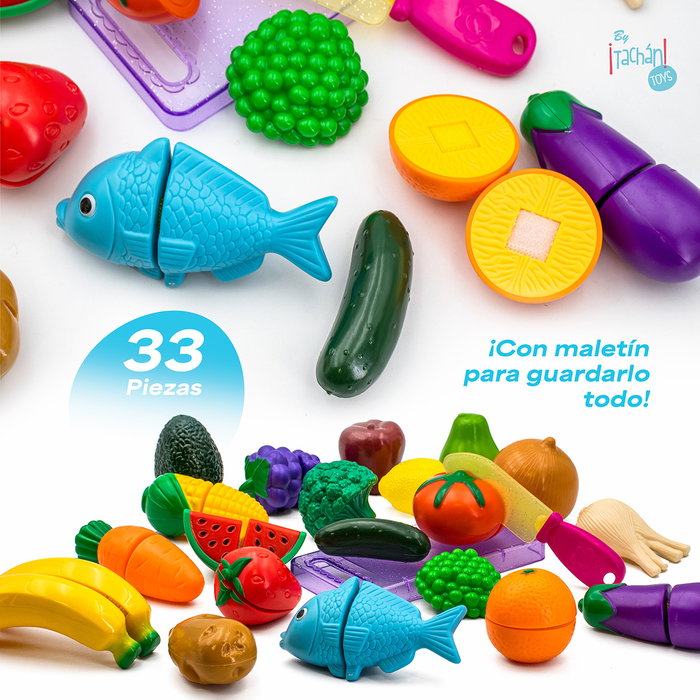 Tachan Maletín con Alimentos para Cortar Juguete de Imitación con 33 Piezas y Tabla de Cortar para Niños +18 Meses