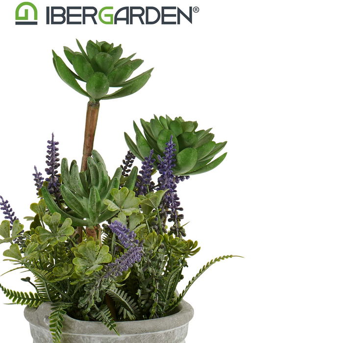IBERGARDEN Planta Artificial Flores Maceta Cemento Pequeña Plástico Cerámica Corcho Gris Verde Morado 11 cm x 25 cm x 10 cm (Set de 12)
