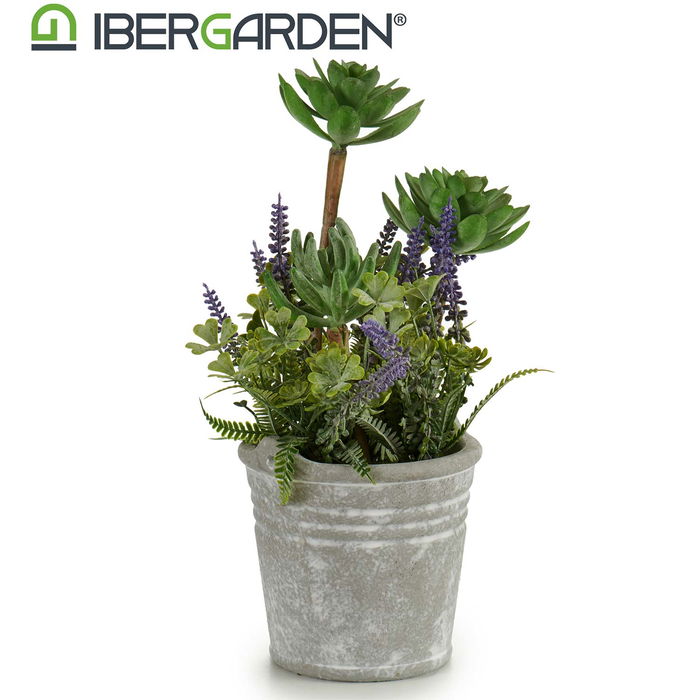 IBERGARDEN Planta Artificial Flores Maceta Cemento Pequeña Plástico Cerámica Corcho Gris Verde Morado 11 cm x 25 cm x 10 cm (Set de 12)
