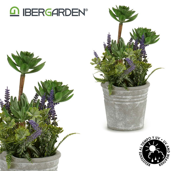 IBERGARDEN Planta Artificial Flores Maceta Cemento Pequeña Plástico Cerámica Corcho Gris Verde Morado 11 cm x 25 cm x 10 cm (Set de 12)