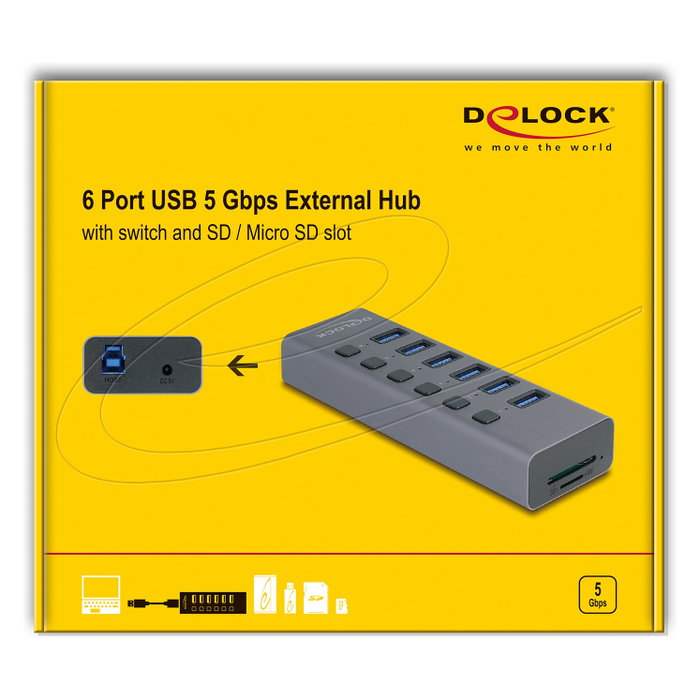 DeLOCK Hub USB 6 puertos 5 Gbps con ranuras SD/MicroSD 64237