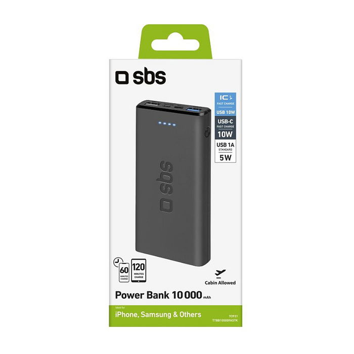 SBS Powerbank 10.000 mAh TTBB10000FASTK, Negro, Batería Externa de Polímero de Litio con 2 Puertos USB 2.1A para Carga Rápida