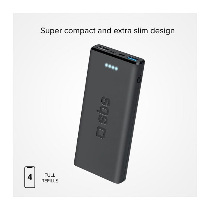 SBS Powerbank 10.000 mAh TTBB10000FASTK, Negro, Batería Externa de Polímero de Litio con 2 Puertos USB 2.1A para Carga Rápida