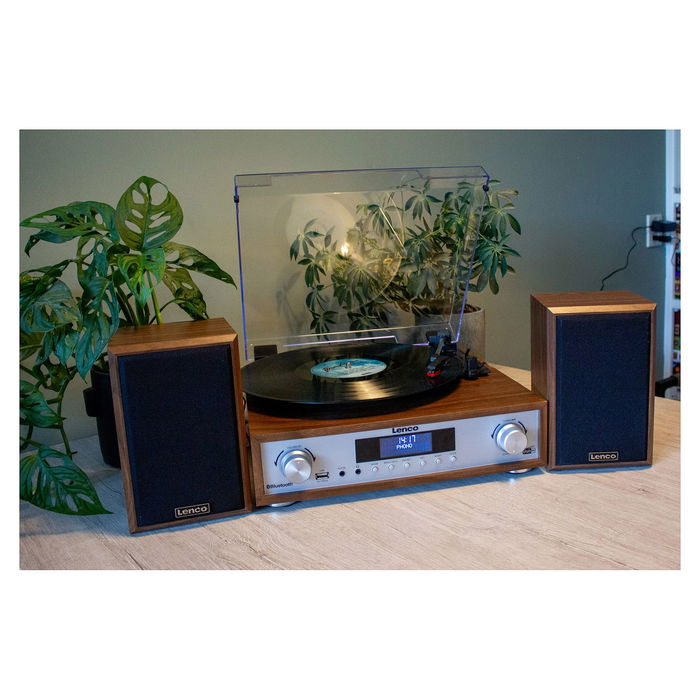 Lenco MC-160WD Holz Altavoz Bluetooth Portátil con Radio FM y Soporte para Madera, Resistente a las Salpicaduras