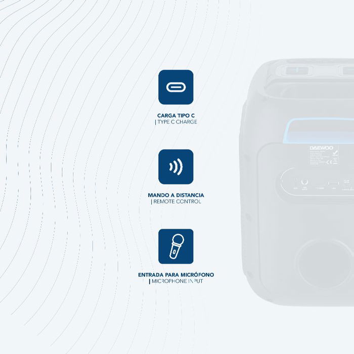 Daewoo Altavoz Party Speaker Bluetooth 40W (350W PMPO) 240 x 230 x 325 mm con Auxiliar, USB, SD y Micrófono Inalámbrico