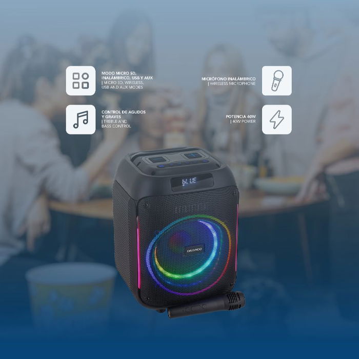 Daewoo Altavoz Party Speaker Bluetooth 40W (350W PMPO) 240 x 230 x 325 mm con Auxiliar, USB, SD y Micrófono Inalámbrico