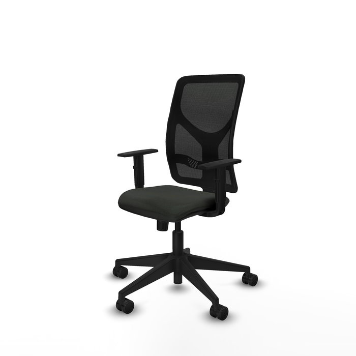 Silla de oficina Motilla con mecanismo Sincro tapizada con Tela color Negro y malla color negra. Equipada con lumbar 1D, Brazos 1D y Ruedas 65mm nailon