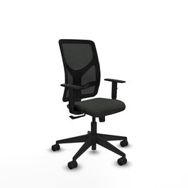 Silla de oficina Motilla con mecanismo Sincro tapizada con Tela color Negro y malla color negra. Equipada con lumbar 1D, Brazos 1D y Ruedas 65mm nailon