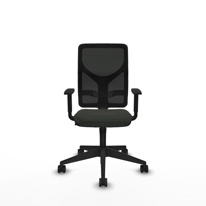 Silla de oficina Motilla con mecanismo Sincro tapizada con Tela color Negro y malla color negra. Equipada con lumbar 1D, Brazos 1D y Ruedas 65mm nailon