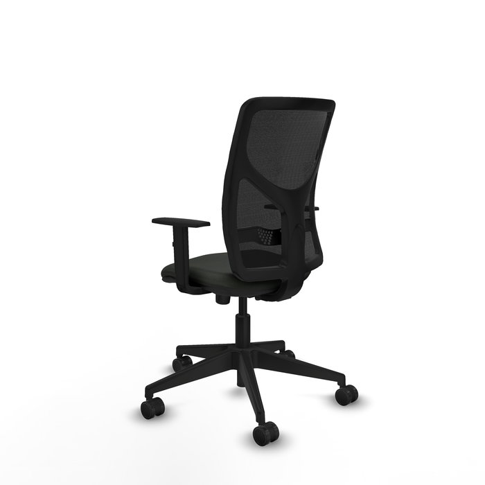 Silla de oficina Motilla con mecanismo Sincro tapizada con Tela color Negro y malla color negra. Equipada con lumbar 1D, Brazos 1D y Ruedas 65mm nailon