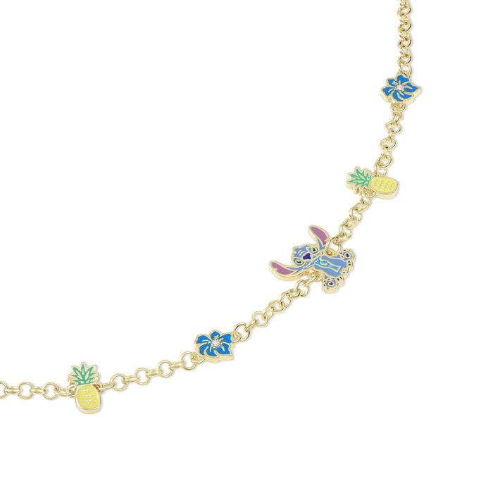 Disney Pulsera Stitch con Dijes de Piña y Flores Azules, Detallada y Encantadora
