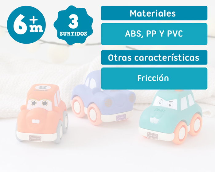 KioKids Vehículos Coloridos de Fricción para Bebés - Set de 3 Cochecitos con Personajes Seguros, para Desarrollo Motor, +6 Meses