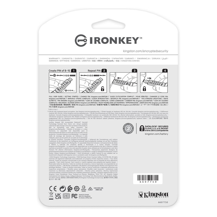 Kingston IronKey Keypad 200 KP200 256GB USB 3.2 Gen 1 Tipo A Lápiz USB Cifrado Hardware FIPS 140-3 Nivel 3 IP68 Azul