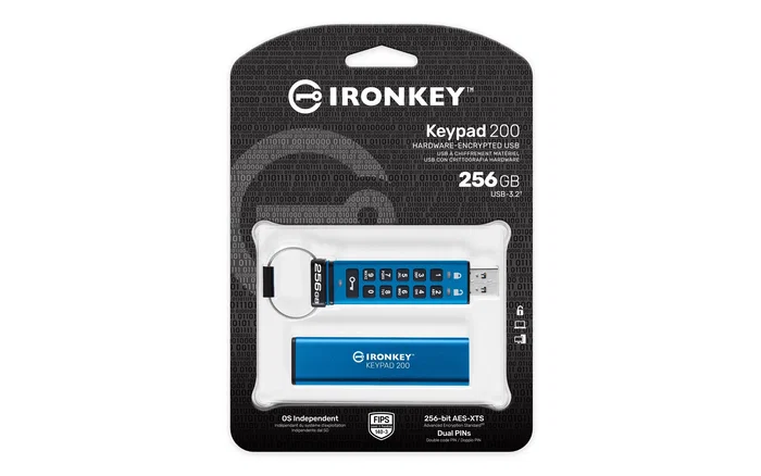 Kingston IronKey Keypad 200 KP200 256GB USB 3.2 Gen 1 Unidad Flash Cifrada Hardware FIPS 140-3 Nivel 3 Cifrado XTS-AES 256 bits Teclado PIN Azul