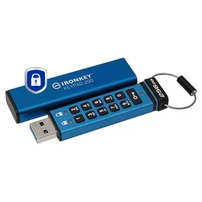 Kingston IronKey Keypad 200 KP200 256GB USB 3.2 Gen 1 Unidad Flash Cifrada Hardware FIPS 140-3 Nivel 3 Cifrado XTS-AES 256 bits Teclado PIN Azul