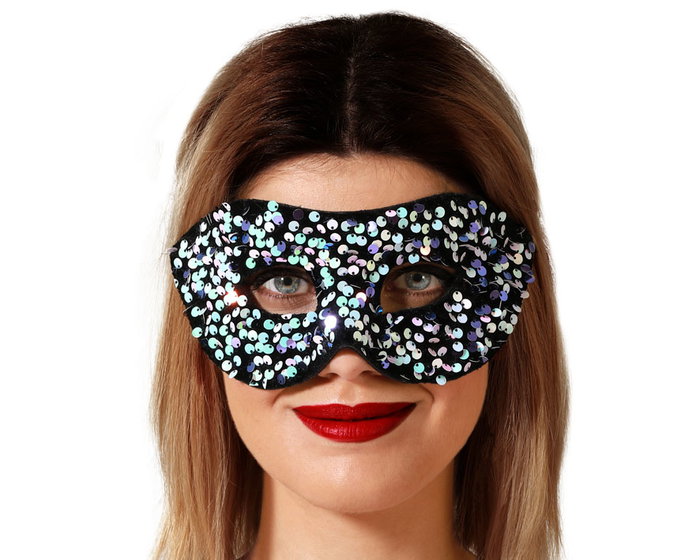 Antifaz negro con lentejuelas holográficas de colores Antifaz negro con lentejuelas holográficas de colores