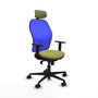 Silla de oficina Jorquera con mecanismo Sincro tapizada con Tela color Verde oliva y malla color Azul. Equipada con lumbar 1D, Brazos 1D, Cabecero 2D y Ruedas 65mm nailon