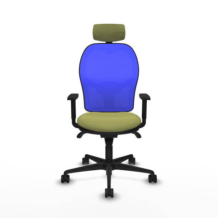 Silla de oficina Jorquera con mecanismo Sincro tapizada con Tela color Verde oliva y malla color Azul. Equipada con lumbar 1D, Brazos 1D, Cabecero 2D y Ruedas 65mm nailon