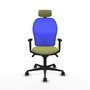 Silla de oficina Jorquera con mecanismo Sincro tapizada con Tela color Verde oliva y malla color Azul. Equipada con lumbar 1D, Brazos 1D, Cabecero 2D y Ruedas 65mm nailon