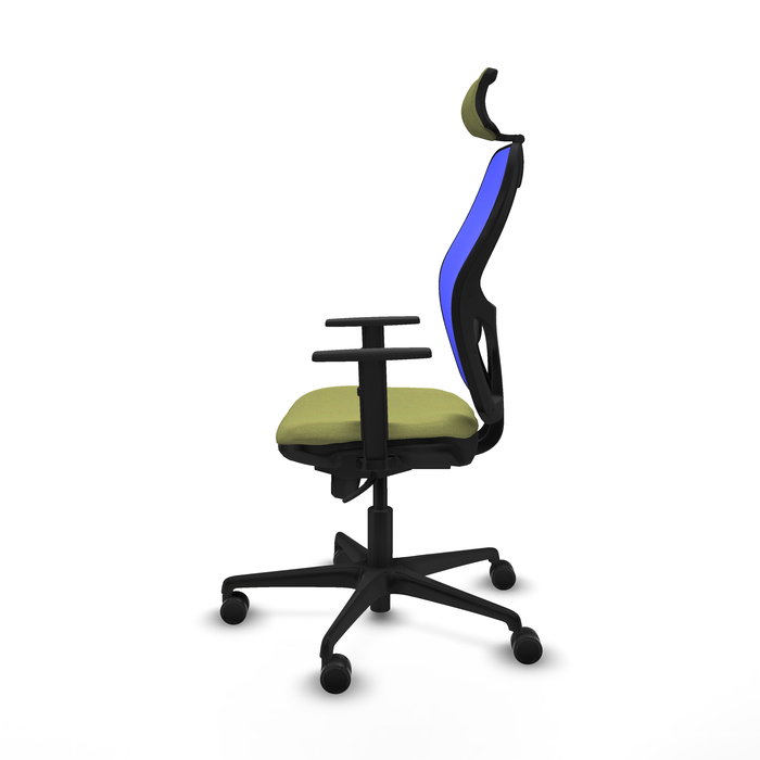 Silla de oficina Jorquera con mecanismo Sincro tapizada con Tela color Verde oliva y malla color Azul. Equipada con lumbar 1D, Brazos 1D, Cabecero 2D y Ruedas 65mm nailon