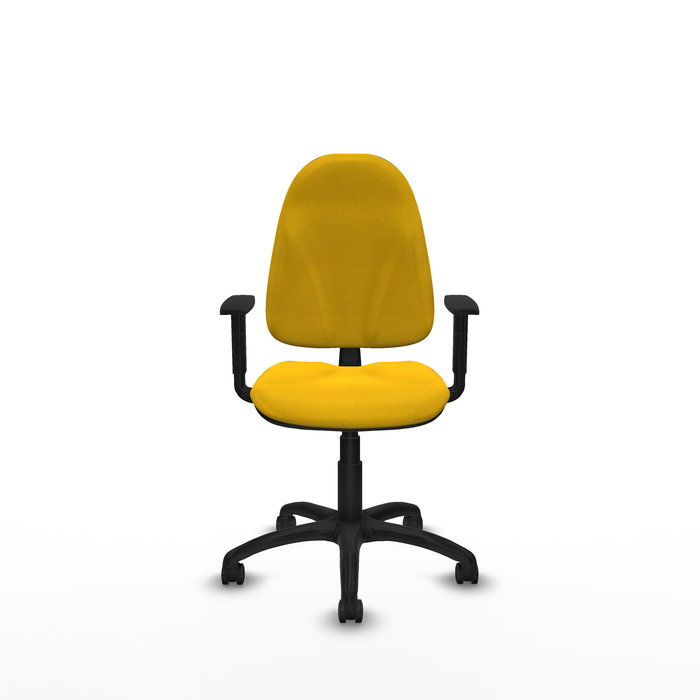 Silla de oficina Algarra con mecanismo Contacto permanente básico tapizada con Tela color Amarillo. Equipada con Base poliamida negra, Brazos 1D y Ruedas autofrenantes