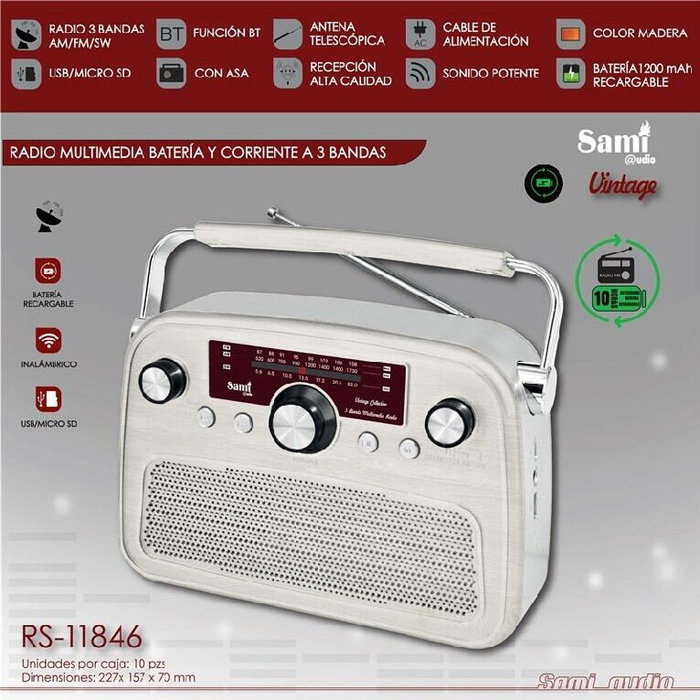 SAMI Radio Multimedia 3 Bandas, Alimentacion AC/Bateria, Color Crema con Acabado Madera