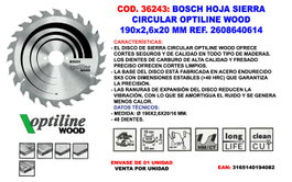 BOSCH Hoja de Sierra Circular Optiline Wood 190x2,6x20 mm