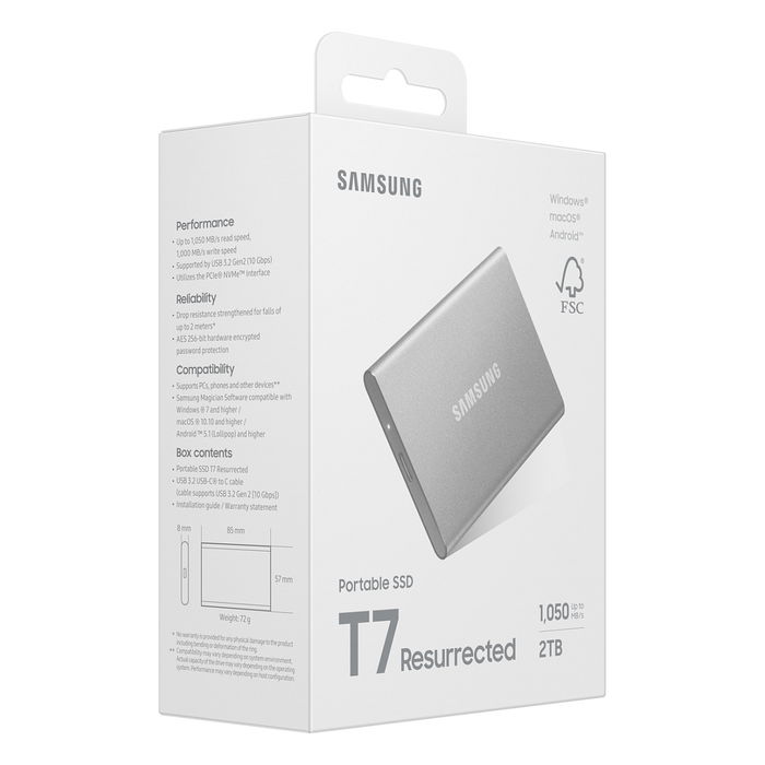 Samsung MU-PD2T0G/WW SSD Portable T7, 2 TB, USB-C 3.2 Gen 2 (1050 MB/s), Plata, Aluminio, Resistente a Caídas, Cifrado AES 256-bit Samsung MU-PD2T0G/WW SSD Portable T7, 2 TB, USB-C 3.2 Gen 2 (1050 MB/s), Plata, Aluminio, Resistente a Caídas, Cifrado AES 256-bit